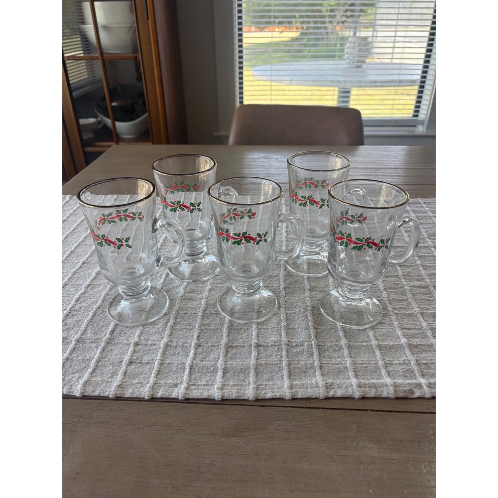 Set of 5 vintage Libbey Irish coffee mugs holiday holly and berry ribbon